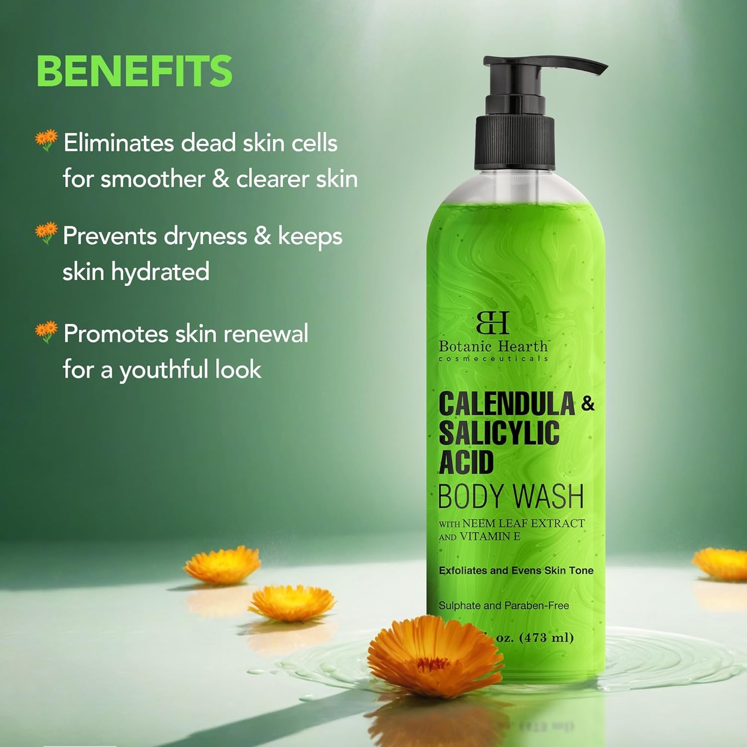 Botanic Hearth Calendula & Salicylic Acid Body Wash – Exfoliating Body Cleanser with Neem Leaf Extract & Vitamin E – Sulfate & Paraben-Free – 16 fl. oz.